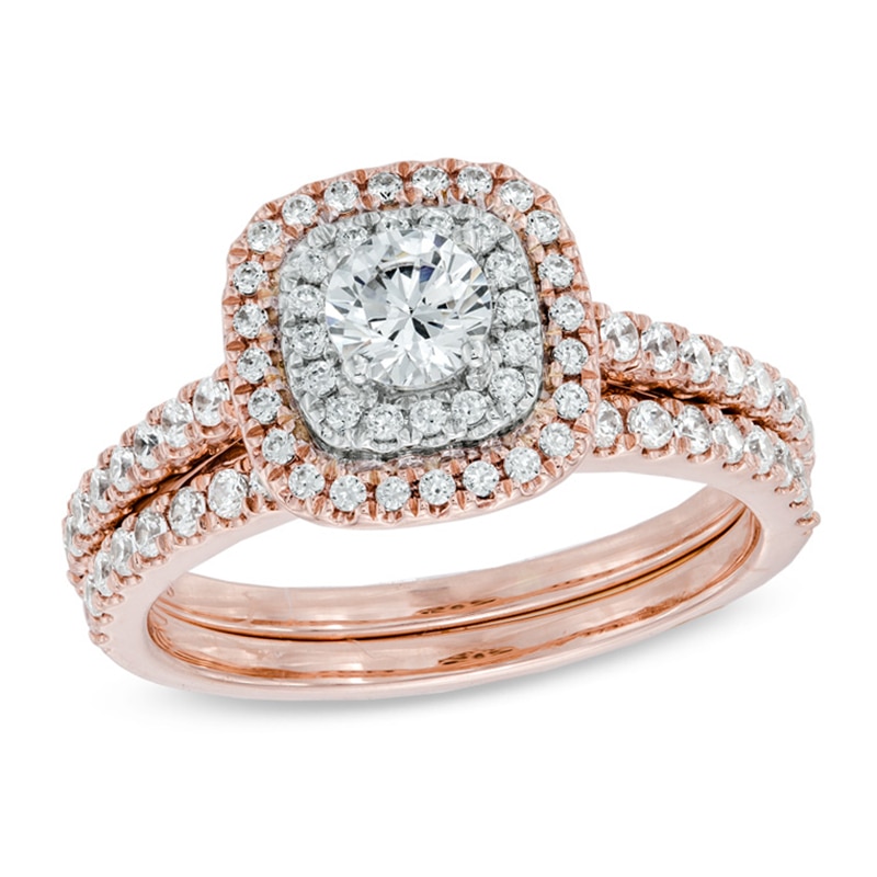 Previously Owned - 1 CT. T.W. Diamond Double Frame Bridal Set in 14K Rose Gold