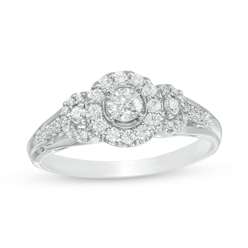 Main Image 1 of Previously Owned - 1/2 CT. T.W. Diamond Three Stone Frame Ring in 14K White Gold