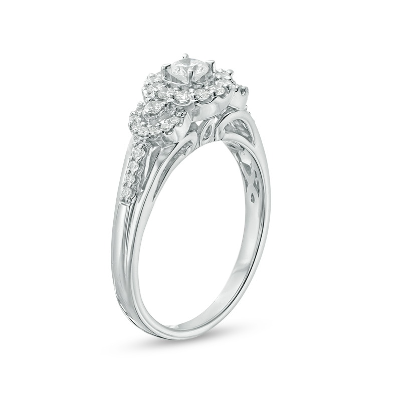 Main Image 2 of Previously Owned - 1/2 CT. T.W. Diamond Three Stone Frame Ring in 14K White Gold