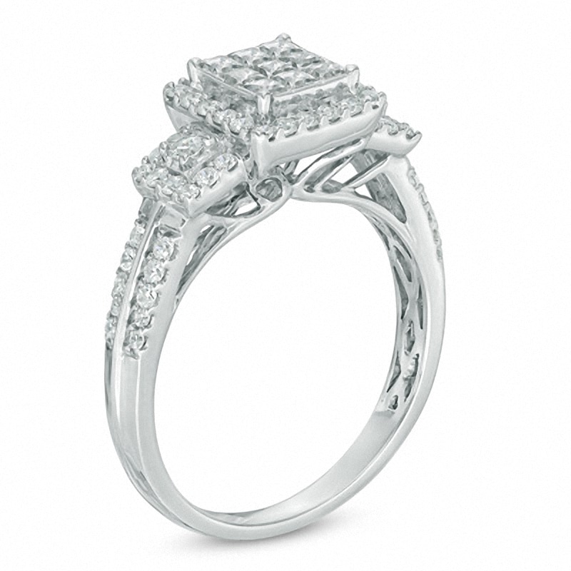 Previously Owned - 3/4 CT. T.W. Princess-Cut Composite Diamond Three Stone Engagement Ring in 10K White Gold