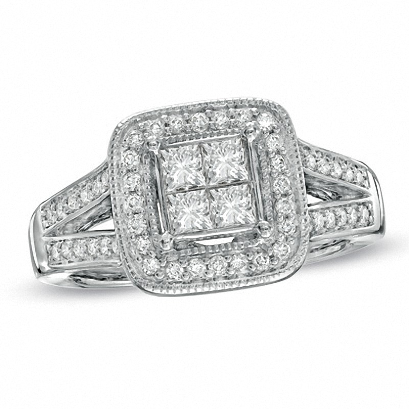Previously Owned - 1 CT. T.W. Princess-Cut Quad Diamond Frame Split Shank Ring in 14K White Gold
