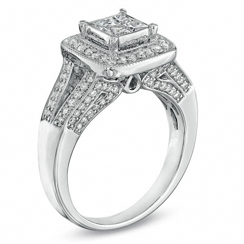 Previously Owned - 1 CT. T.W. Princess-Cut Quad Diamond Frame Split Shank Ring in 14K White Gold