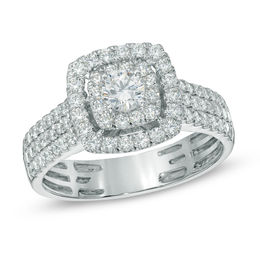 Previously Owned - 1 CT. T.W. Diamond Double Frame Triple Row Engagement Ring in 14K White Gold