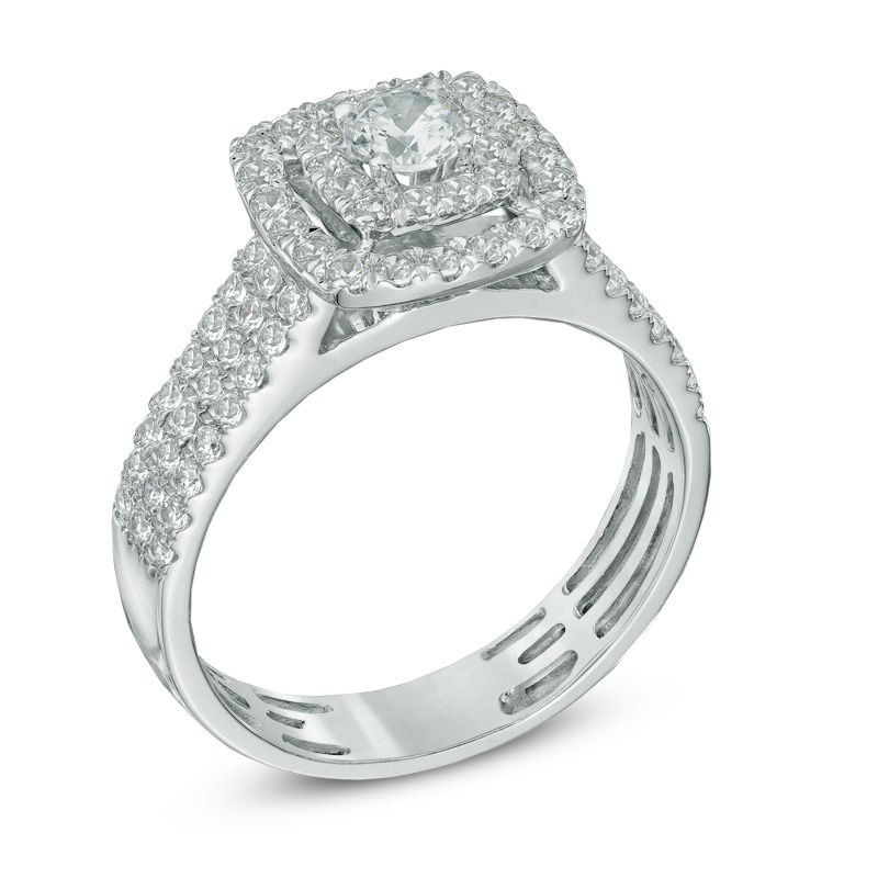 Previously Owned - 1 CT. T.W. Diamond Double Frame Triple Row Engagement Ring in 14K White Gold