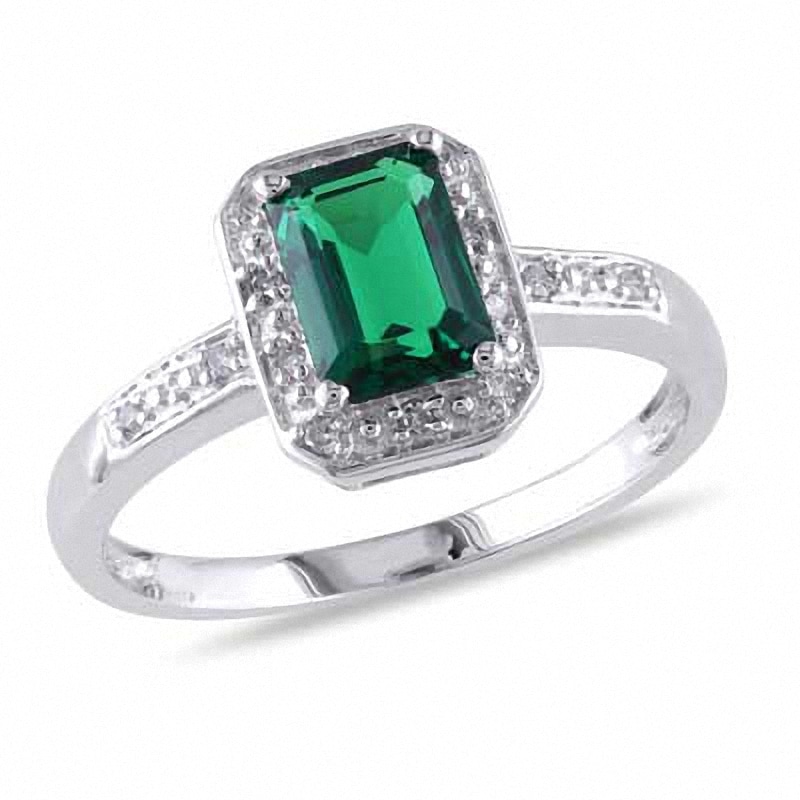 Previously Owned - Emerald-Cut Lab-Created Emerald and Diamond Accent Ring in 10K White Gold