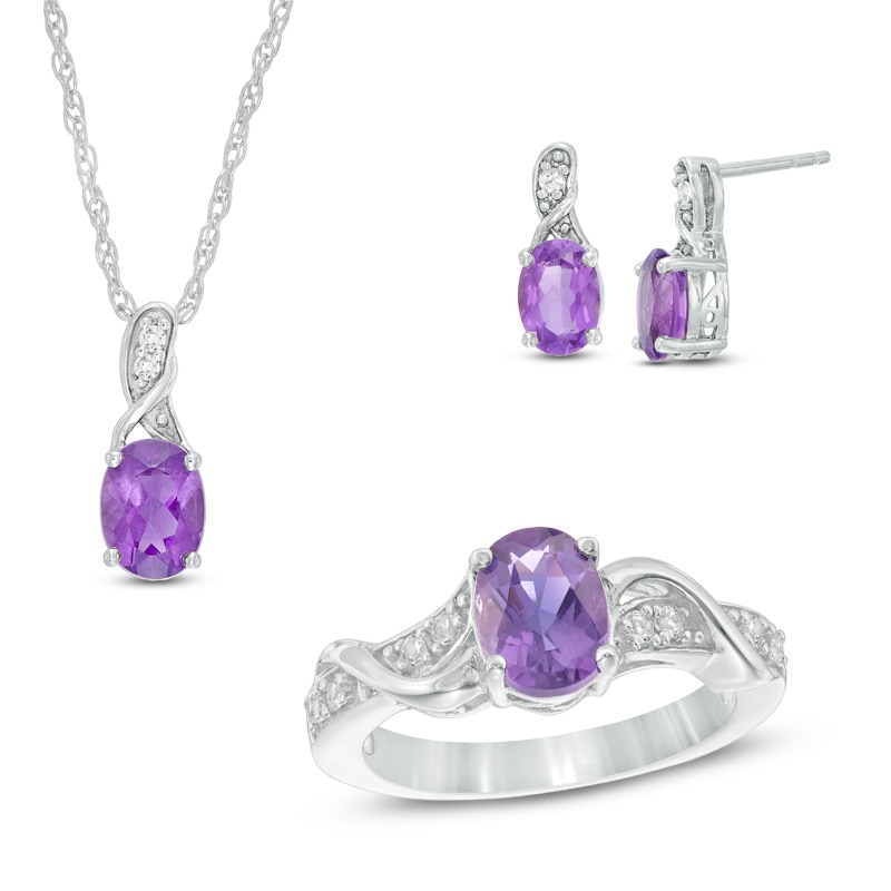 Main Image 1 of Previously Owned - Oval Amethyst and Lab-Created White Sapphire Pendant, Earrings and Ring Set in Sterling Silver