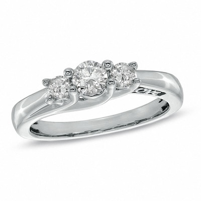 Previously Owned - 1/2 CT. T.W. Diamond LOVE Three Stone Engagement Ring in 10K White Gold 