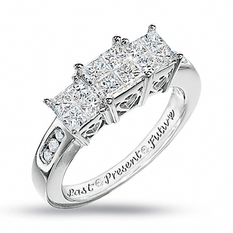 Previously Owned - 1 CT. T.W. Princess-Cut Quad Diamond Past Present Future® Ring in 14K White Gold