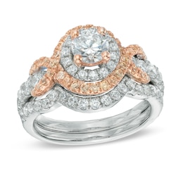 Previously Owned - 1-1/2 CT. T.W. Champagne and White Diamond Double Frame Bridal Set in 14K Two-Tone Gold