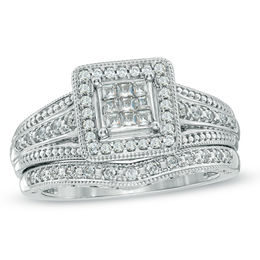 Previously Owned - 3/8 CT. T.W. Princess-Cut Composite Diamond Frame Bridal Set in 10K White Gold