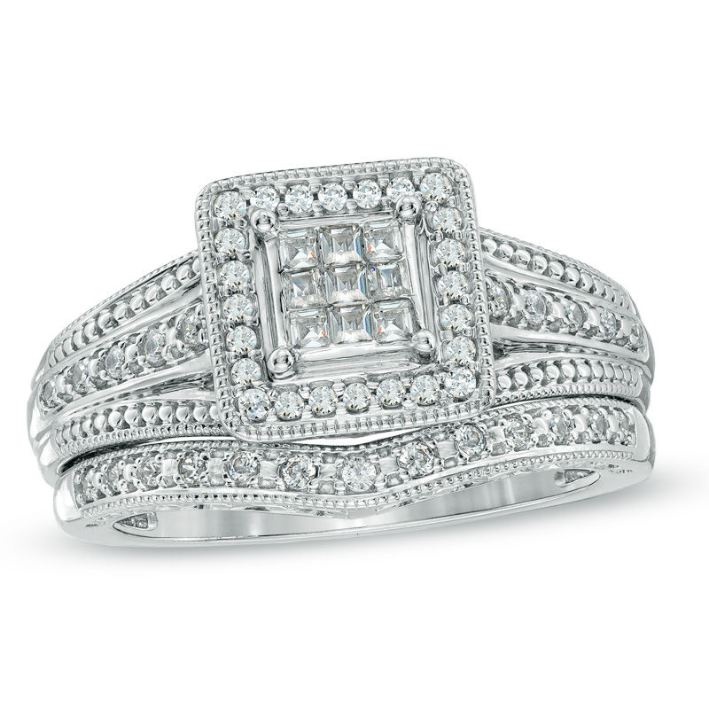 Main Image 1 of Previously Owned - 3/8 CT. T.W. Princess-Cut Composite Diamond Frame Bridal Set in 10K White Gold