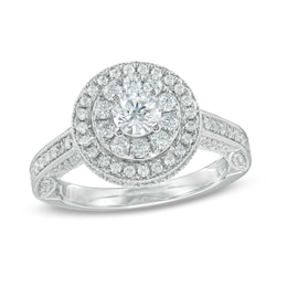 Previously Owned - 1-1/4 CT. T.W. Diamond Double Frame Vintage-Style Engagement Ring in 14K White Gold
