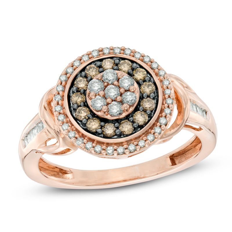 Main Image 1 of Previously Owned - 1/2 CT. T.W. Champagne and White Diamond Flower Cluster Frame Ring in 10K Rose Gold