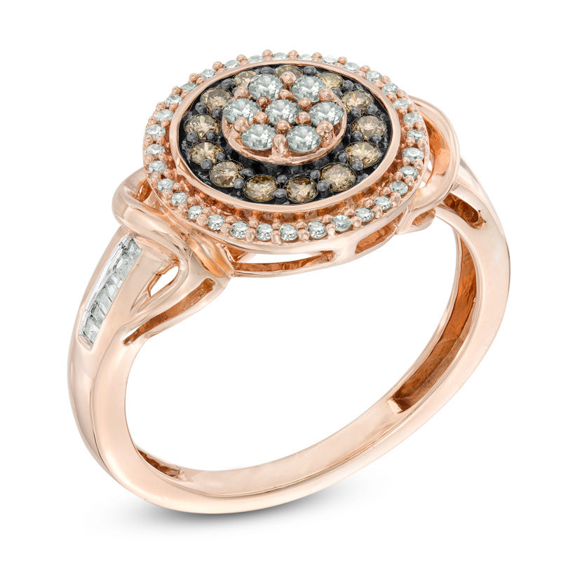 Main Image 2 of Previously Owned - 1/2 CT. T.W. Champagne and White Diamond Flower Cluster Frame Ring in 10K Rose Gold