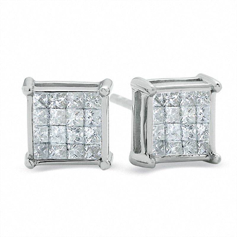 Main Image 1 of Previously Owned - 1/2 CT. T.W. Square-Cut Diamond Fashion Earrings in 14K White Gold