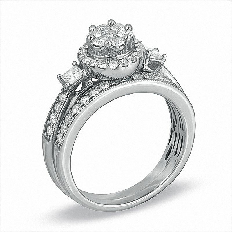 Main Image 2 of Previously Owned - 1 CT. T.W. Round and Princess-Cut Diamond Flower Bridal Set in 10K White Gold