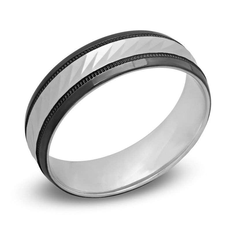 Previously Owned - Men's 6.0mm Diamond-Cut Wedding Band in 10K White Gold with Black Rhodium