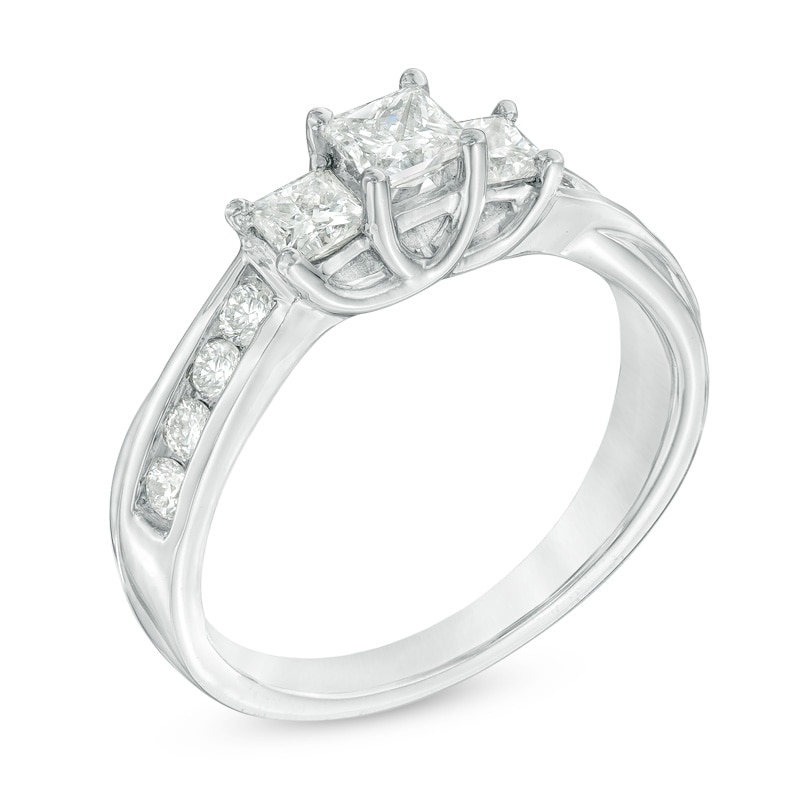 Main Image 2 of Previously Owned - 1 CT. T.W. Princess-Cut Diamond Past Present Future® Twist Engagement Ring in 10K White Gold