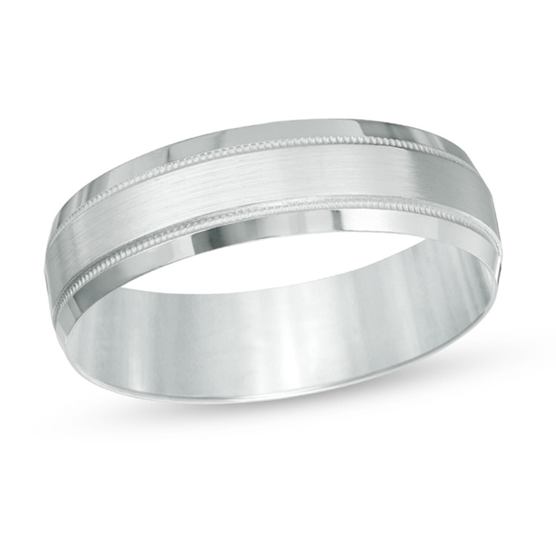 Main Image 1 of Previously Owned - Men's 6.0mm Comfort-Fit Brushed Center Milgrain-Edge Wedding Band in 10K White Gold