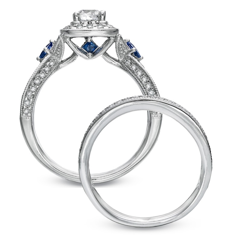 Main Image 2 of Previously Owned - Vera Wang Love Collection 1-1/5 CT. T.W. Diamond and Sapphire Frame Bridal Set in 14K White Gold