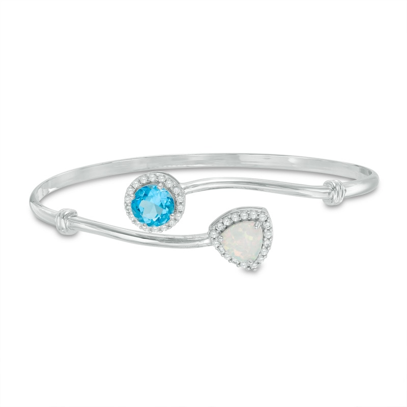 Main Image 1 of Previously Owned - Blue Topaz with Lab-Created Opal and White Sapphire Frame Bangle in Sterling Silver