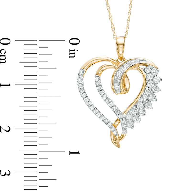 Previously Owned - 1/2 CT. T.W. Baguette and Round Diamond Double Heart Swirl Pendant in 10K Gold