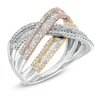 Thumbnail Image 1 of Previously Owned - 3/4 CT. T.W. Round and Baguette Diamond Crossover Ring in 10K Tri-Tone Gold