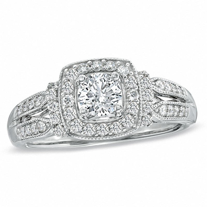 Previously Owned - 3/4 CT. T.W. Diamond Vintage-Style Engagement Ring in 14K White Gold
