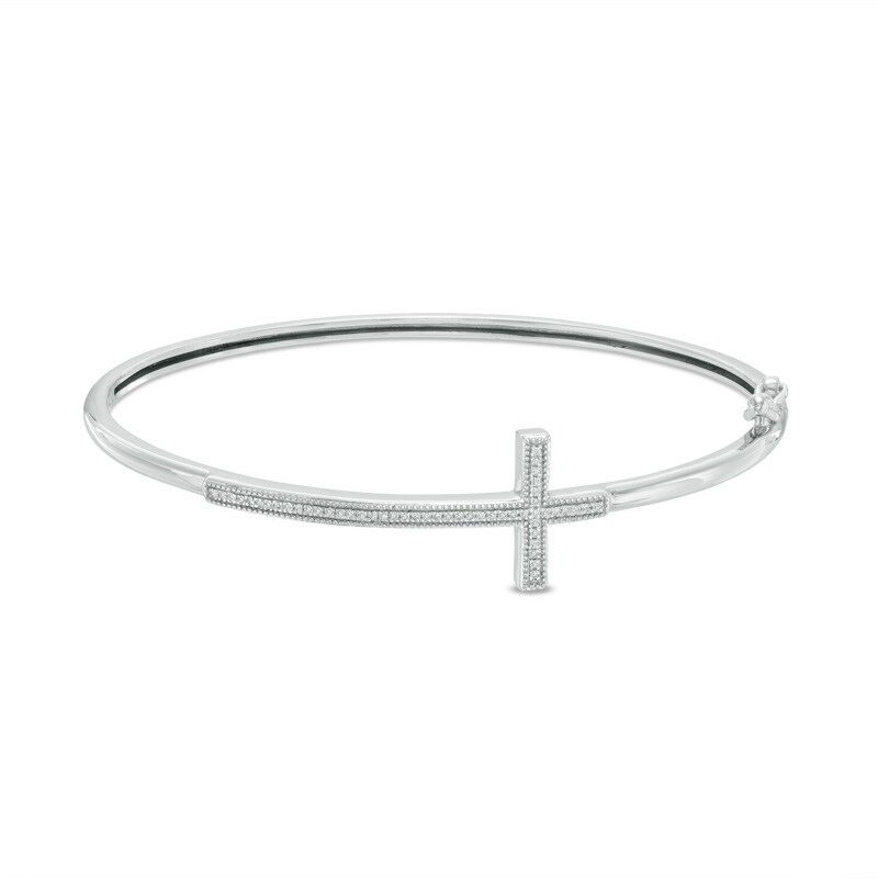 Main Image 1 of Previously Owned - 1/10 CT. T.W. Diamond Sideways Cross Bangle in Sterling Silver