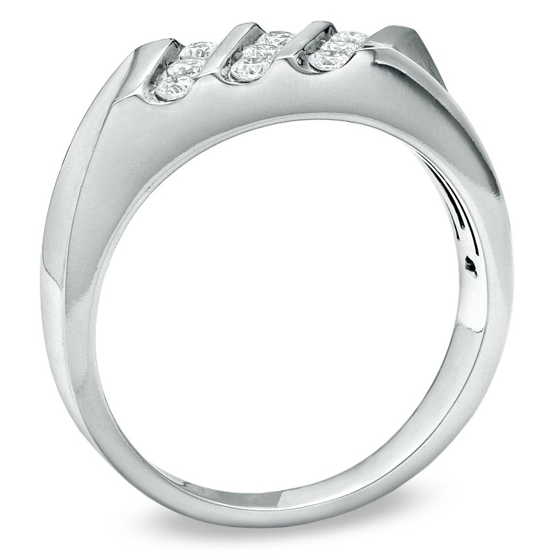 Main Image 2 of Previously Owned - Men's 3/8 CT. T.W. Diamond Three Row Diagonal Ring in 10K White Gold