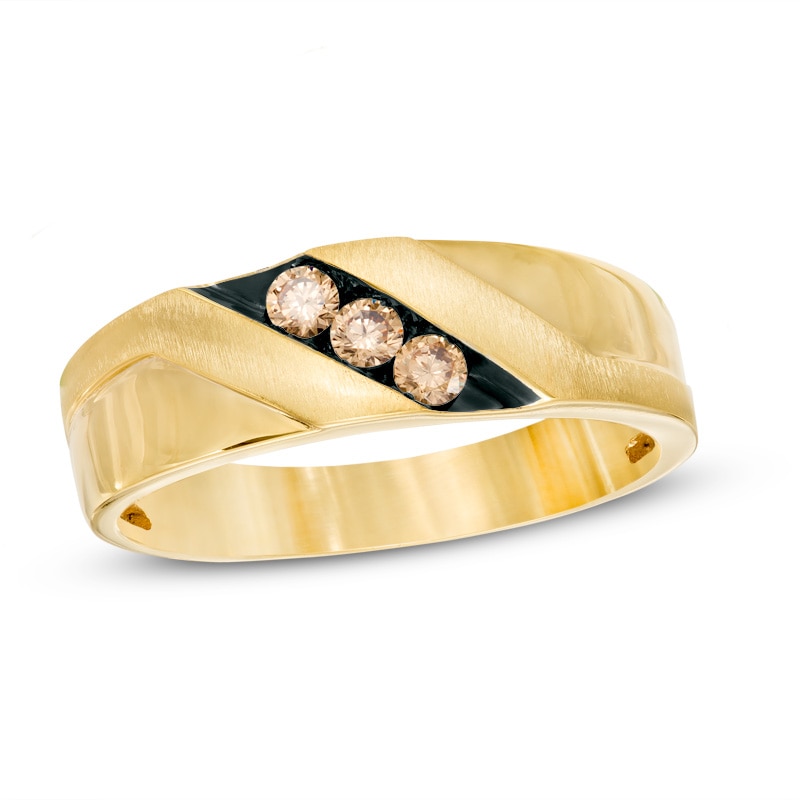 Previously Owned - Men's 1/5 CT. T.W. Champagne Diamond Three Stone Wedding Band in 10K Gold with Black Rhodium
