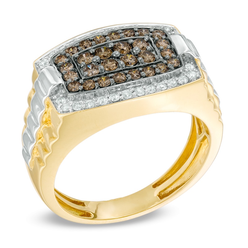 Previously Owned - Men's 1 CT. T.W. Champagne and White Diamond Tonneau-Shaped Ring in 10K Gold