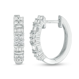 Previously Owned - 1/2 CT. T.W. Baguette and Round Quad Diamond Alternating Hoop Earrings in 10K White Gold