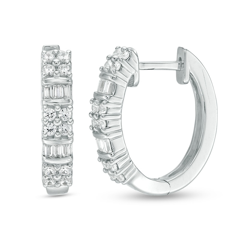 Main Image 1 of Previously Owned - 1/2 CT. T.W. Baguette and Round Quad Diamond Alternating Hoop Earrings in 10K White Gold