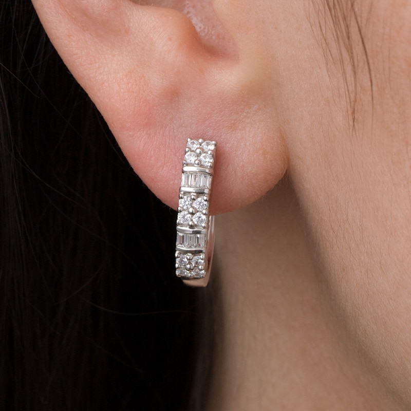 Main Image 2 of Previously Owned - 1/2 CT. T.W. Baguette and Round Quad Diamond Alternating Hoop Earrings in 10K White Gold