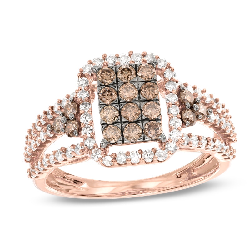 Previously Owned - 1 CT. T.W. Champagne and White Diamond Frame Tri-Sides Ring in 10K Rose Gold