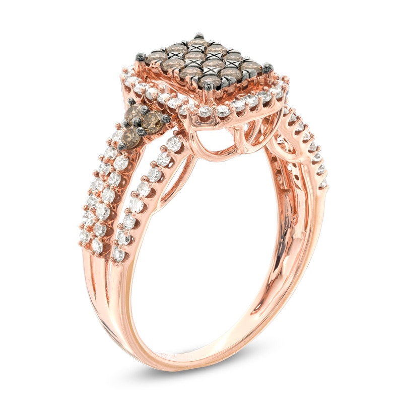 Previously Owned - 1 CT. T.W. Champagne and White Diamond Frame Tri-Sides Ring in 10K Rose Gold