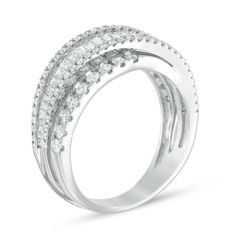 Previously Owned - 1-1/5 CT. T.W. Baguette and Round Diamond Layered Crossover Band in 14K White Gold