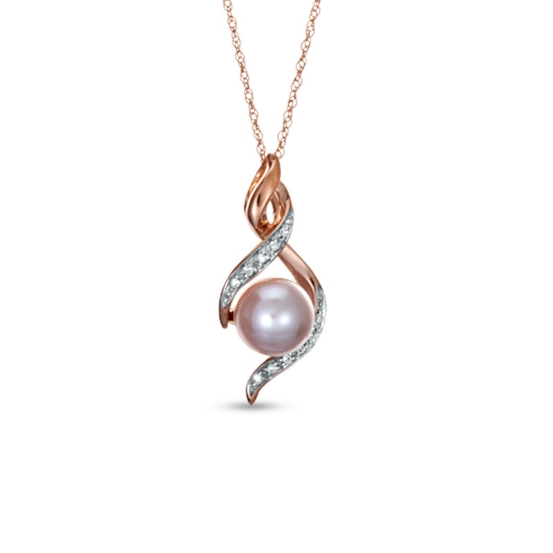 Previously Owned-7.5-8.0mm Pink Freshwater Cultured Pearl and Diamond Accent Pendant in 10K Rose Gold