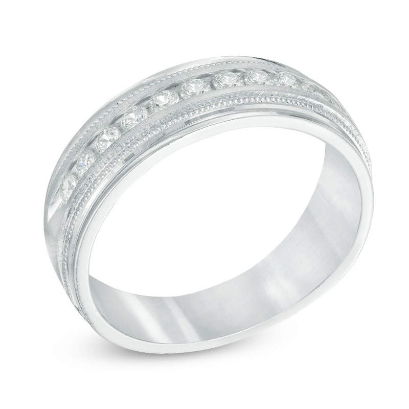 Previously Owned - Men's 1/2 CT. T.W. Diamond Milgrain Anniversary Band in 14K White Gold