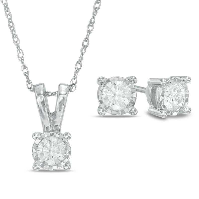 Previously Owned - 1/4 CT. T.W. Diamond Solitaire Pendant and Earrings Set in 10K White Gold