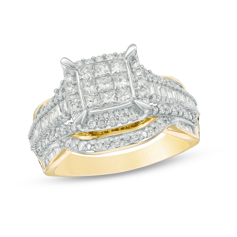 Previously Owned - 1 CT. T.W. Composite Princess-Cut Diamond Frame Multi-Row Engagement Ring in 10K Gold