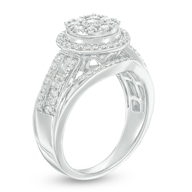 Main Image 2 of Previously Owned - 1 CT. T.W. Composite Diamond Frame Multi-Row Vintage-Style Engagement Ring in 10K White Gold