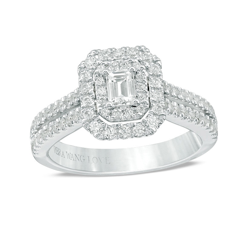 Previously Owned - Vera Wang Love Collection 1 CT. T.W. Emerald-Cut Diamond Double Row Engagement Ring in 14K White Gold