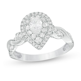 Previously Owned - 1 CT. T.W. Pear-Shaped Diamond Double Frame Twist Engagement Ring in 14K White Gold