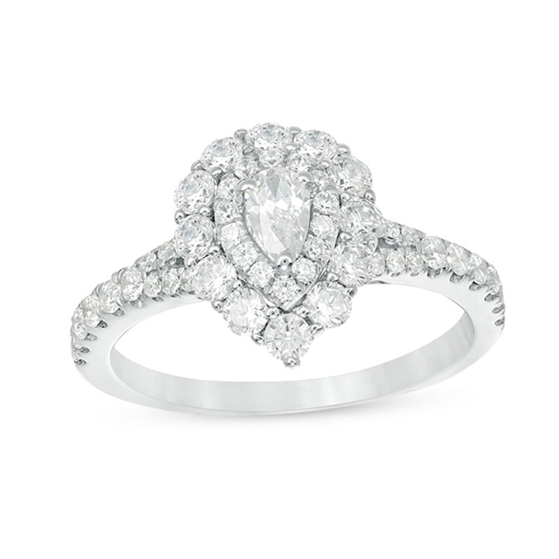 Main Image 1 of Previously Owned - 1 CT. T.W. Pear-Shaped Diamond Double Frame Split Shank Engagement Ring in 14K White Gold