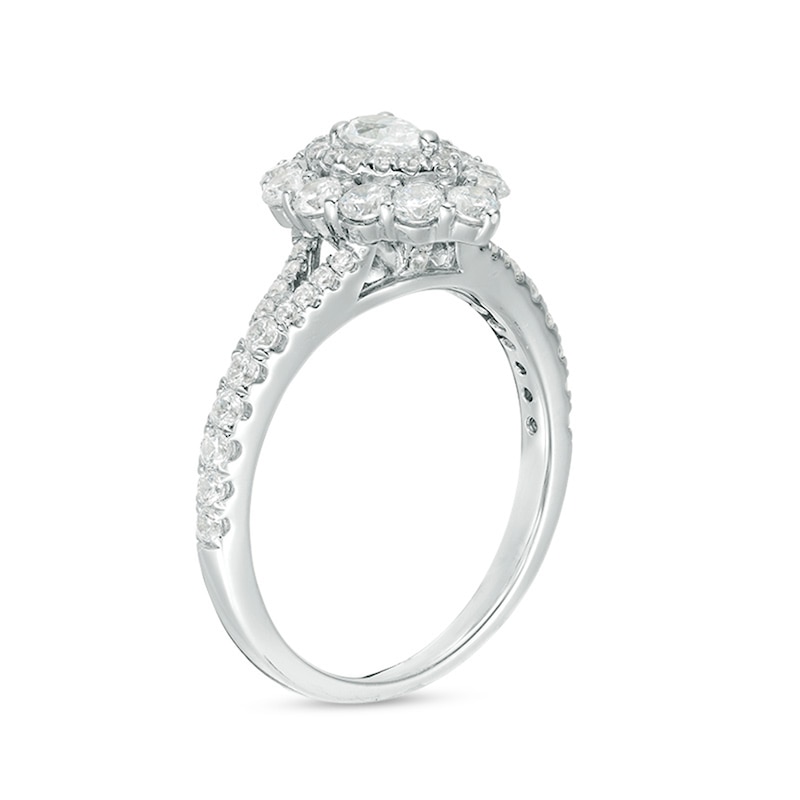 Main Image 2 of Previously Owned - 1 CT. T.W. Pear-Shaped Diamond Double Frame Split Shank Engagement Ring in 14K White Gold