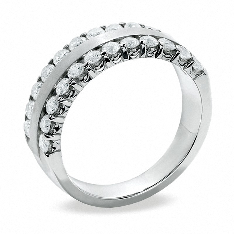 Main Image 2 of Previously Owned - 1 CT. T.W. Diamond Double Row Satin center Band in 14K White Gold