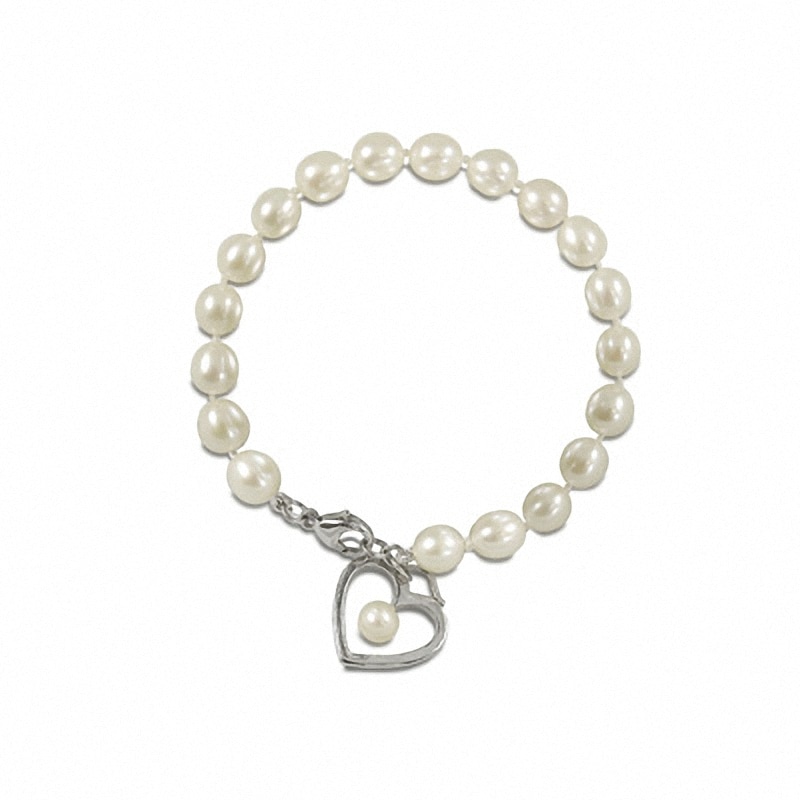 Previously Owned-Freshwater Cultured Pearl Bracelet with Sterling Silver Heart Charm-7.5"