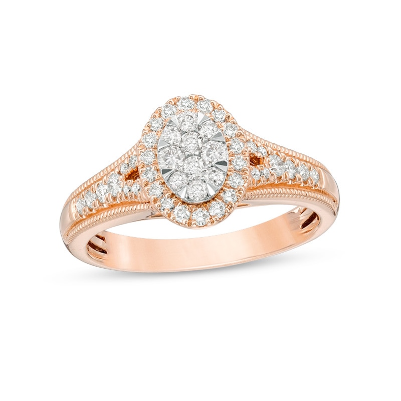 Previously Owned - 1/2 CT. T.W. Composite Diamond Oval Frame Vintage-Style Engagement Ring in 10K Rose Gold